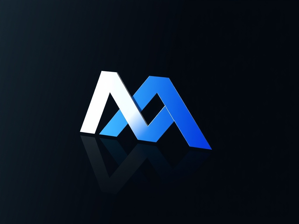 Minimalist geometric logo: interlocking shapes of a 'M' and 'A' in silver and blue, soft reflection on a dark glossy surface, photorealistic, 8k